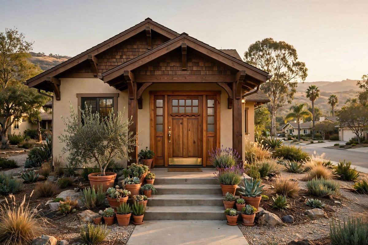 Craftsman-built wooden entry door on a California home