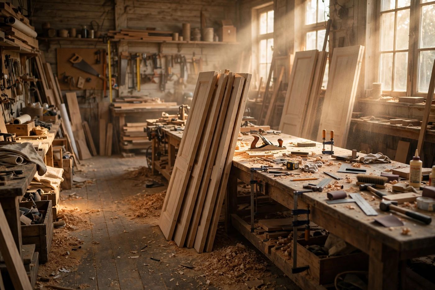 Carpenter's workshop with door slabs at a workbench